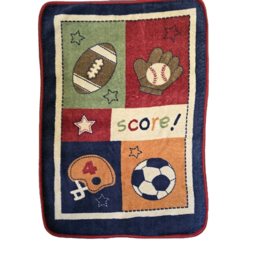 Vtg Nojo Sports Themed Plush Toddler Baby Blanket SCORE Red Trim Football Soccer